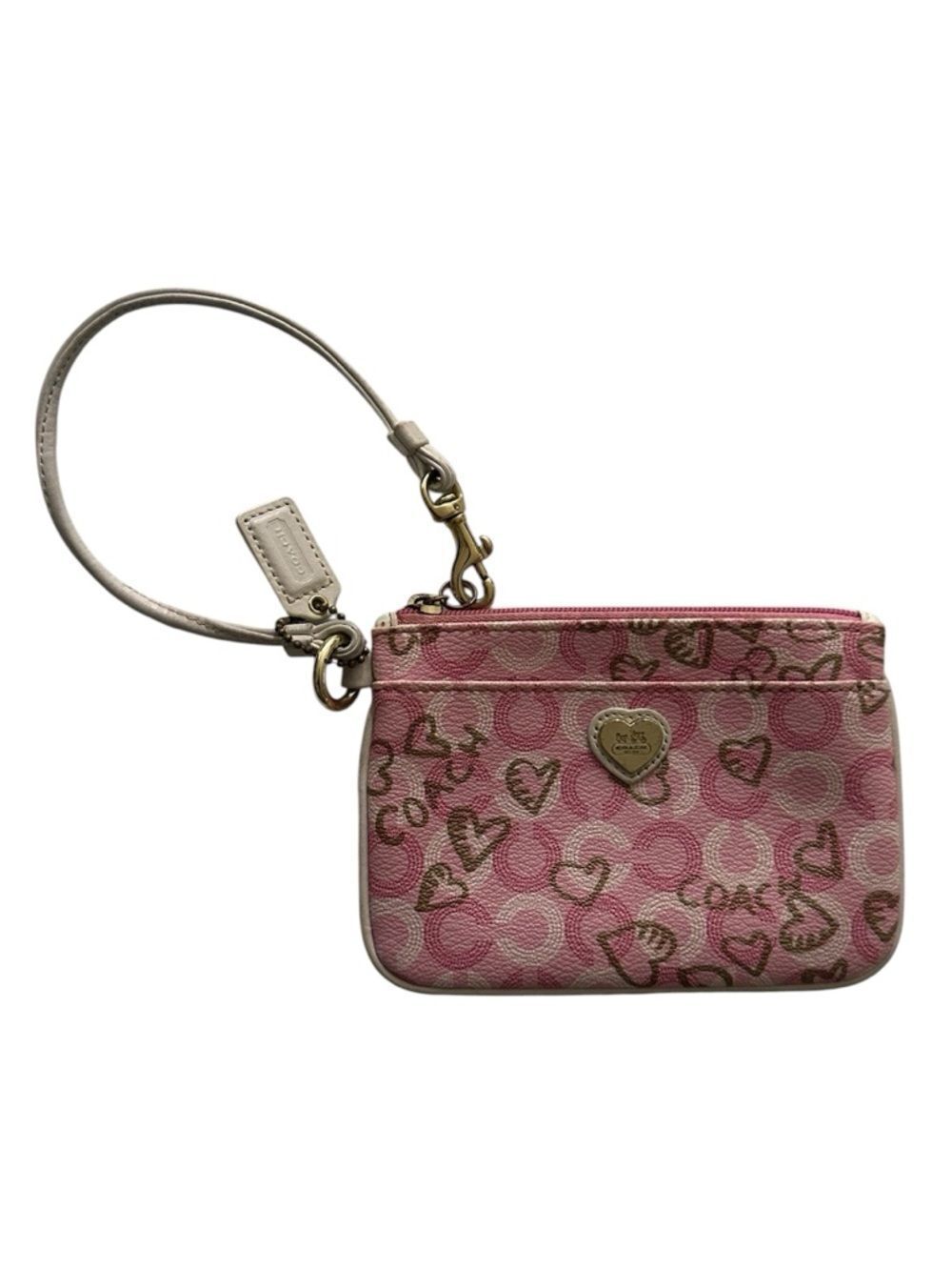 Coach Pink Signature Waverly Heart Print Wristlet Y2K Poppy Mini Pouch